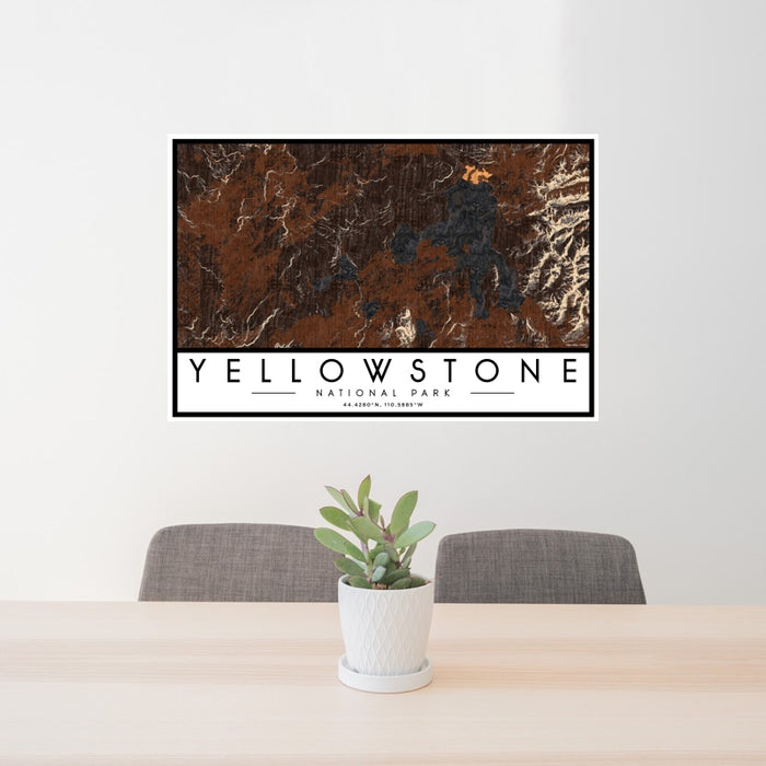 24x36 Yellowstone National Park Map Print Landscape Orientation in Ember Style Behind 2 Chairs Table and Potted Plant