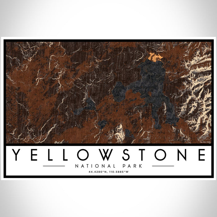 Yellowstone National Park Map Print Landscape Orientation in Ember Style With Shaded Background
