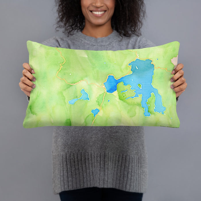 Person holding 20x12 Custom Yellowstone National Park Map Throw Pillow in Watercolor