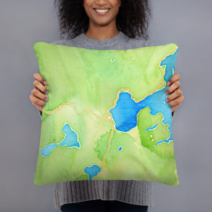 Person holding 18x18 Custom Yellowstone National Park Map Throw Pillow in Watercolor