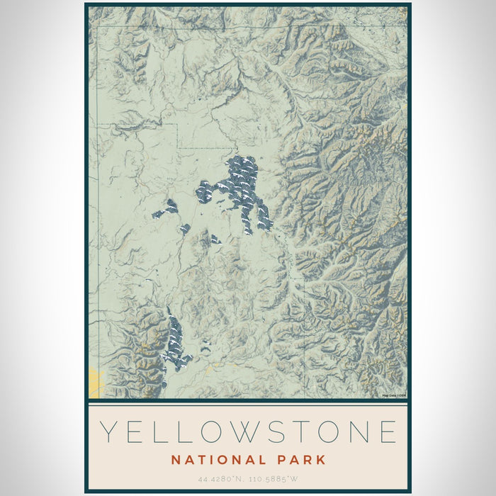 Yellowstone National Park Map Print Portrait Orientation in Woodblock Style With Shaded Background