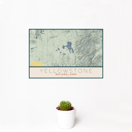 12x18 Yellowstone National Park Map Print Landscape Orientation in Woodblock Style With Small Cactus Plant in White Planter