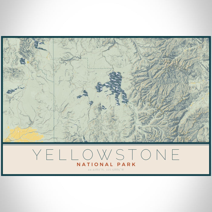 Yellowstone National Park Map Print Landscape Orientation in Woodblock Style With Shaded Background
