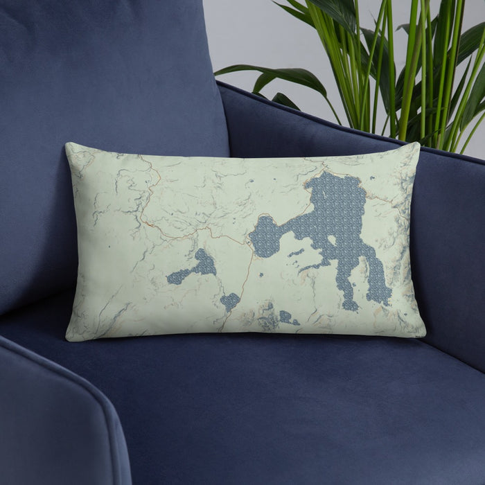 Custom Yellowstone National Park Map Throw Pillow in Woodblock on Blue Colored Chair