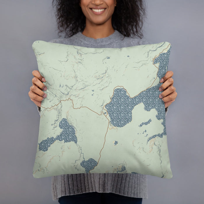 Person holding 18x18 Custom Yellowstone National Park Map Throw Pillow in Woodblock