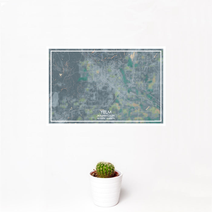 12x18 Yelm Washington Map Print Landscape Orientation in Afternoon Style With Small Cactus Plant in White Planter