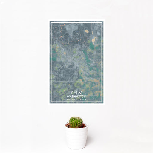 12x18 Yelm Washington Map Print Portrait Orientation in Afternoon Style With Small Cactus Plant in White Planter
