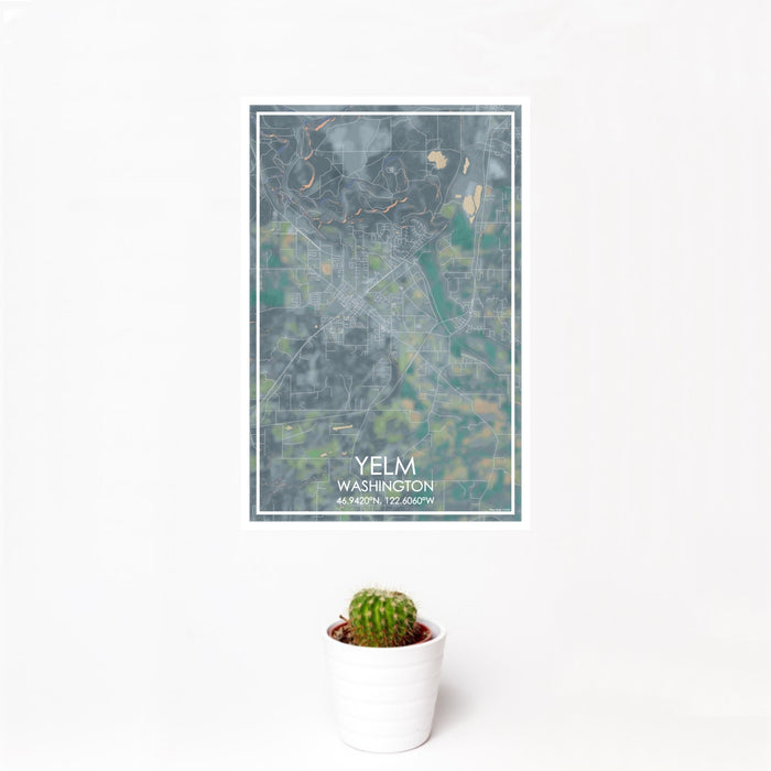 12x18 Yelm Washington Map Print Portrait Orientation in Afternoon Style With Small Cactus Plant in White Planter