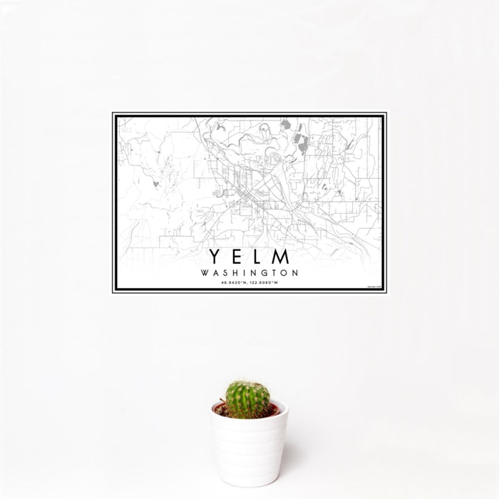 12x18 Yelm Washington Map Print Landscape Orientation in Classic Style With Small Cactus Plant in White Planter