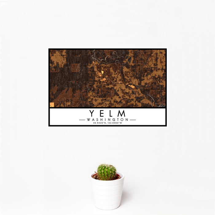 12x18 Yelm Washington Map Print Landscape Orientation in Ember Style With Small Cactus Plant in White Planter