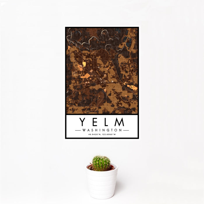 12x18 Yelm Washington Map Print Portrait Orientation in Ember Style With Small Cactus Plant in White Planter
