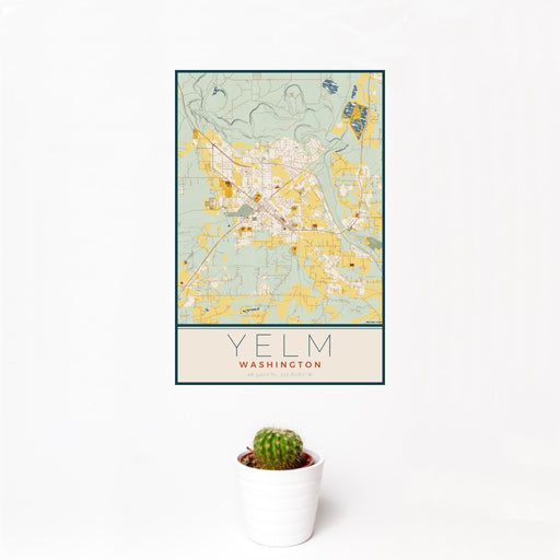 12x18 Yelm Washington Map Print Portrait Orientation in Woodblock Style With Small Cactus Plant in White Planter