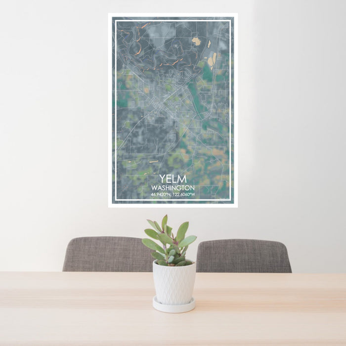 24x36 Yelm Washington Map Print Portrait Orientation in Afternoon Style Behind 2 Chairs Table and Potted Plant