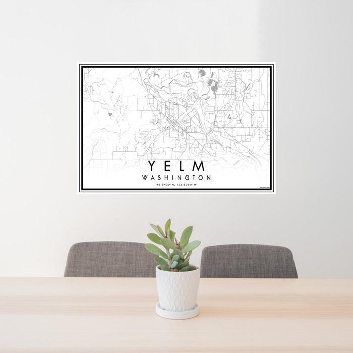 24x36 Yelm Washington Map Print Lanscape Orientation in Classic Style Behind 2 Chairs Table and Potted Plant
