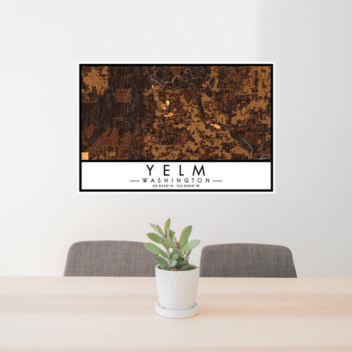 24x36 Yelm Washington Map Print Lanscape Orientation in Ember Style Behind 2 Chairs Table and Potted Plant