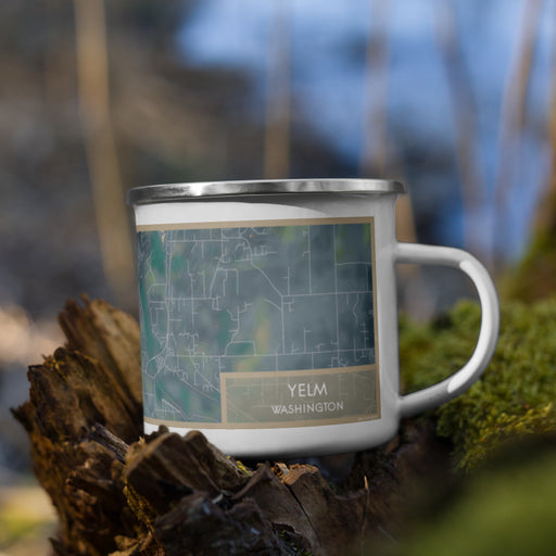 Right View Custom Yelm Washington Map Enamel Mug in Afternoon on Grass With Trees in Background