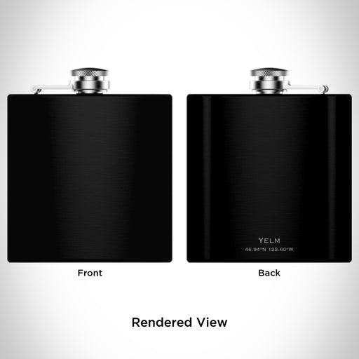 Rendered View of Yelm Washington Map Engraving on 6oz Stainless Steel Flask in Black