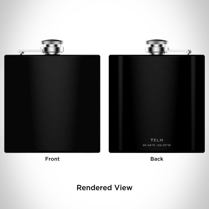 Rendered View of Yelm Washington Map Engraving on 6oz Stainless Steel Flask in Black
