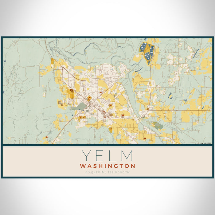 Yelm Washington Map Print Landscape Orientation in Woodblock Style With Shaded Background