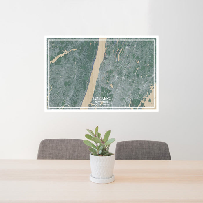 24x36 Yonkers New York Map Print Lanscape Orientation in Afternoon Style Behind 2 Chairs Table and Potted Plant