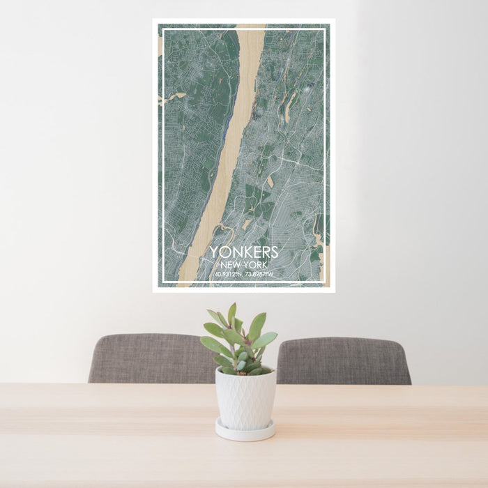 24x36 Yonkers New York Map Print Portrait Orientation in Afternoon Style Behind 2 Chairs Table and Potted Plant