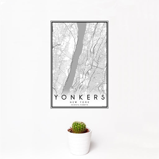 12x18 Yonkers New York Map Print Portrait Orientation in Classic Style With Small Cactus Plant in White Planter