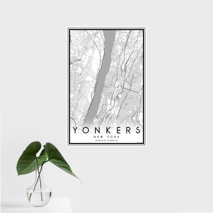 16x24 Yonkers New York Map Print Portrait Orientation in Classic Style With Tropical Plant Leaves in Water