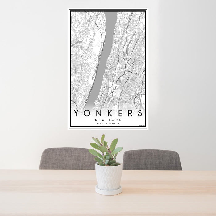 24x36 Yonkers New York Map Print Portrait Orientation in Classic Style Behind 2 Chairs Table and Potted Plant
