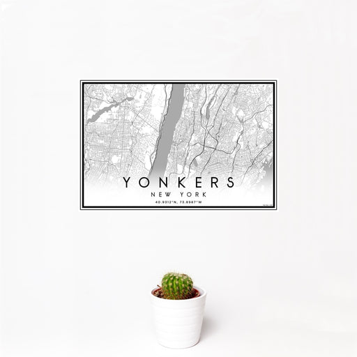 12x18 Yonkers New York Map Print Landscape Orientation in Classic Style With Small Cactus Plant in White Planter