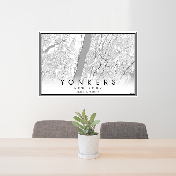 24x36 Yonkers New York Map Print Landscape Orientation in Classic Style Behind 2 Chairs Table and Potted Plant