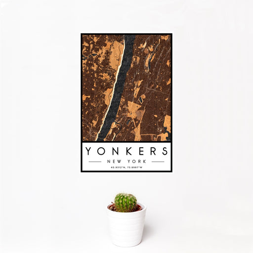 12x18 Yonkers New York Map Print Portrait Orientation in Ember Style With Small Cactus Plant in White Planter