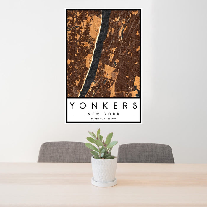 24x36 Yonkers New York Map Print Portrait Orientation in Ember Style Behind 2 Chairs Table and Potted Plant