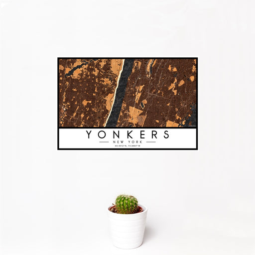 12x18 Yonkers New York Map Print Landscape Orientation in Ember Style With Small Cactus Plant in White Planter