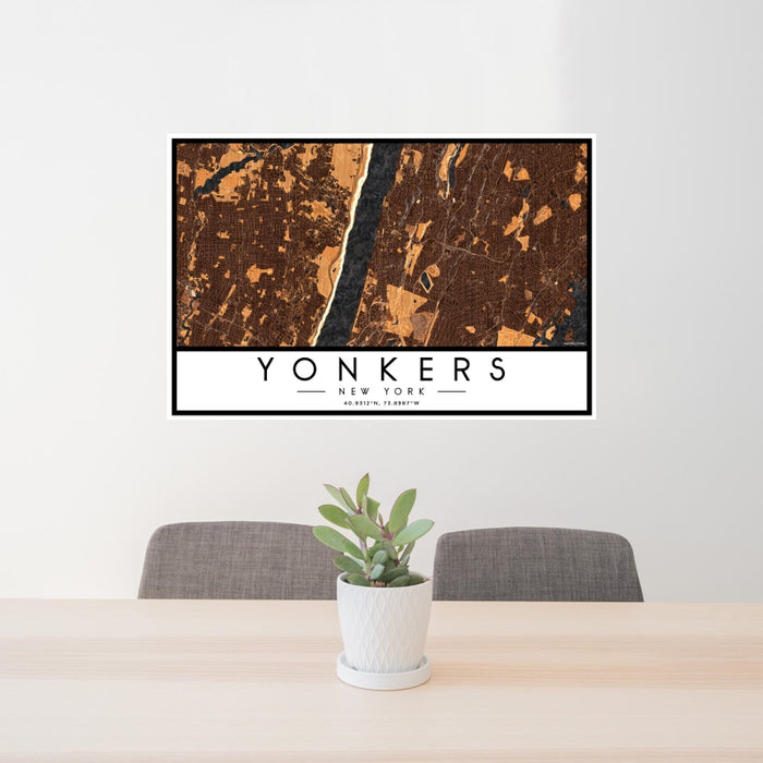 24x36 Yonkers New York Map Print Landscape Orientation in Ember Style Behind 2 Chairs Table and Potted Plant