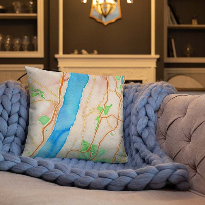 Custom Yonkers New York Map Throw Pillow in Watercolor on Cream Colored Couch