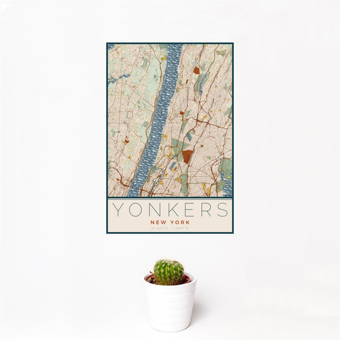 12x18 Yonkers New York Map Print Portrait Orientation in Woodblock Style With Small Cactus Plant in White Planter