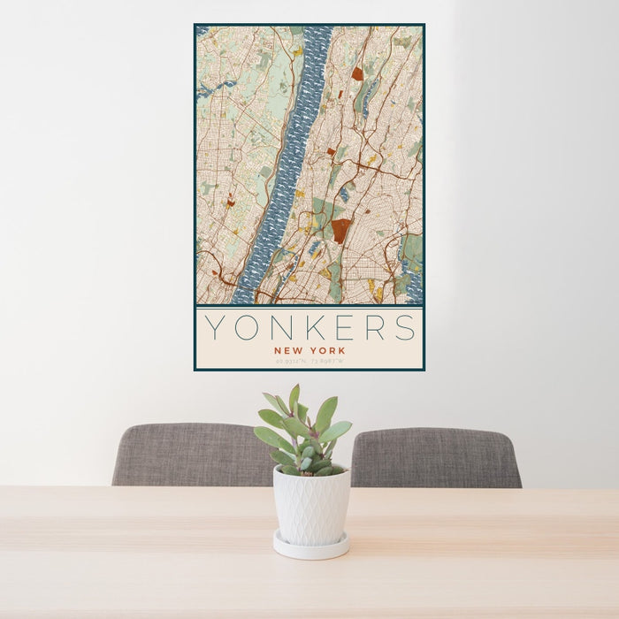 24x36 Yonkers New York Map Print Portrait Orientation in Woodblock Style Behind 2 Chairs Table and Potted Plant