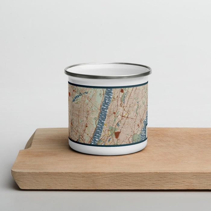 Front View Custom Yonkers New York Map Enamel Mug in Woodblock on Cutting Board