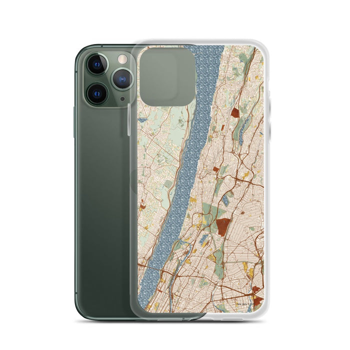 Custom Yonkers New York Map Phone Case in Woodblock on Table with Laptop and Plant