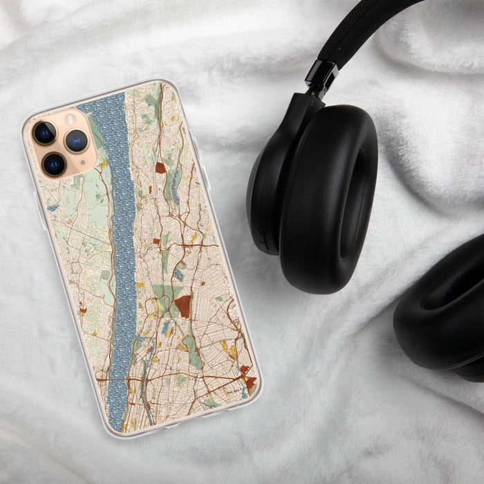 Custom Yonkers New York Map Phone Case in Woodblock on Table with Black Headphones