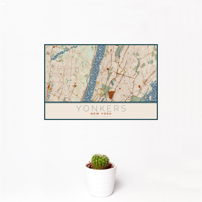 12x18 Yonkers New York Map Print Landscape Orientation in Woodblock Style With Small Cactus Plant in White Planter