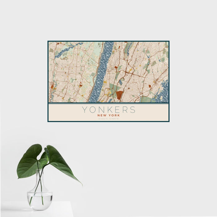 16x24 Yonkers New York Map Print Landscape Orientation in Woodblock Style With Tropical Plant Leaves in Water