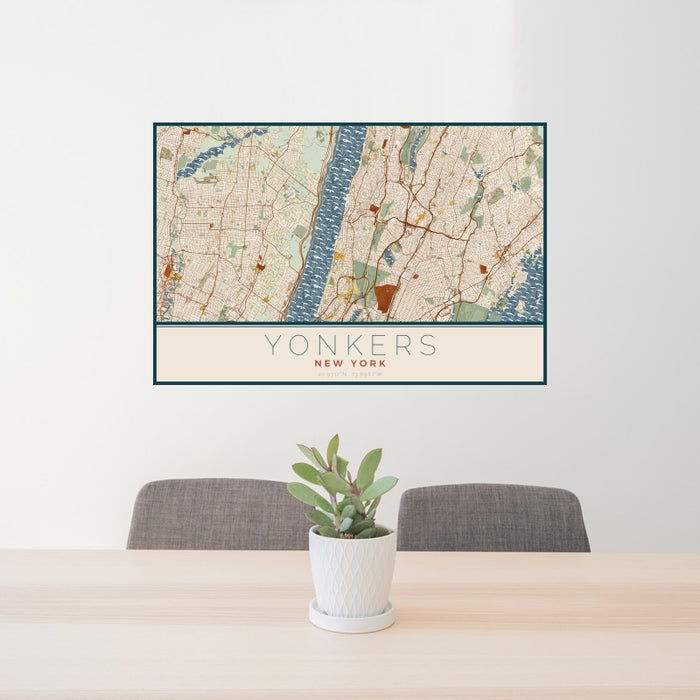 24x36 Yonkers New York Map Print Landscape Orientation in Woodblock Style Behind 2 Chairs Table and Potted Plant