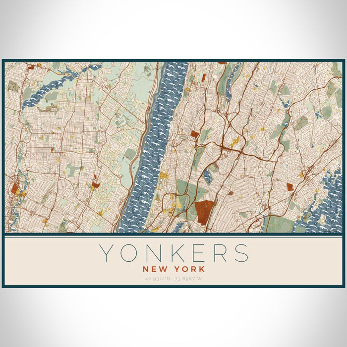 Yonkers New York Map Print Landscape Orientation in Woodblock Style With Shaded Background