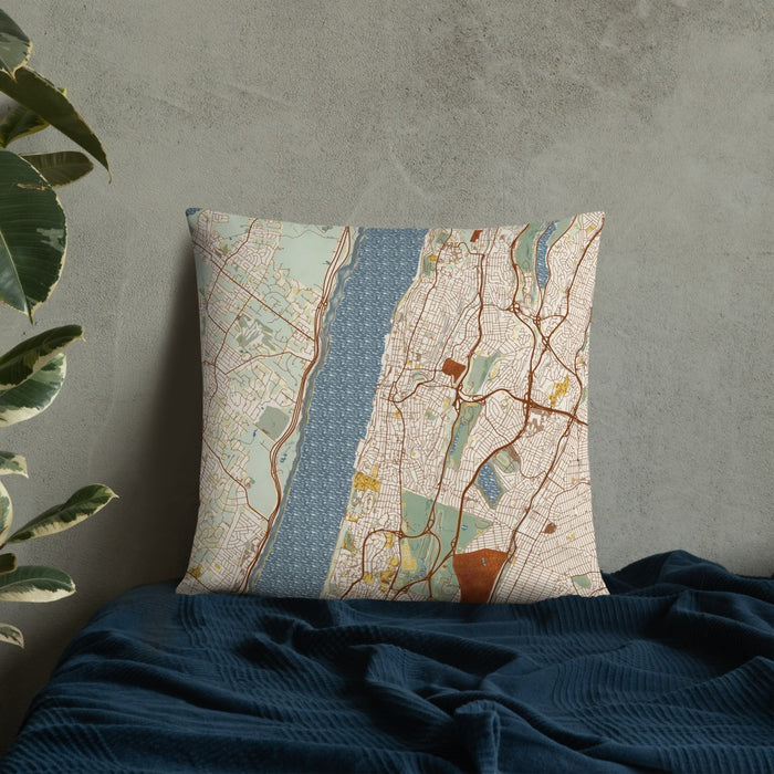 Custom Yonkers New York Map Throw Pillow in Woodblock on Bedding Against Wall