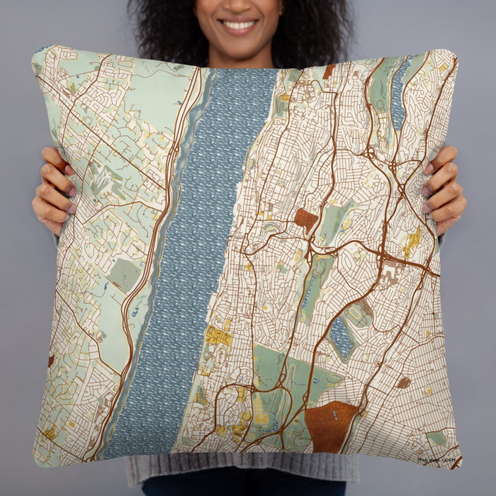 Person holding 22x22 Custom Yonkers New York Map Throw Pillow in Woodblock
