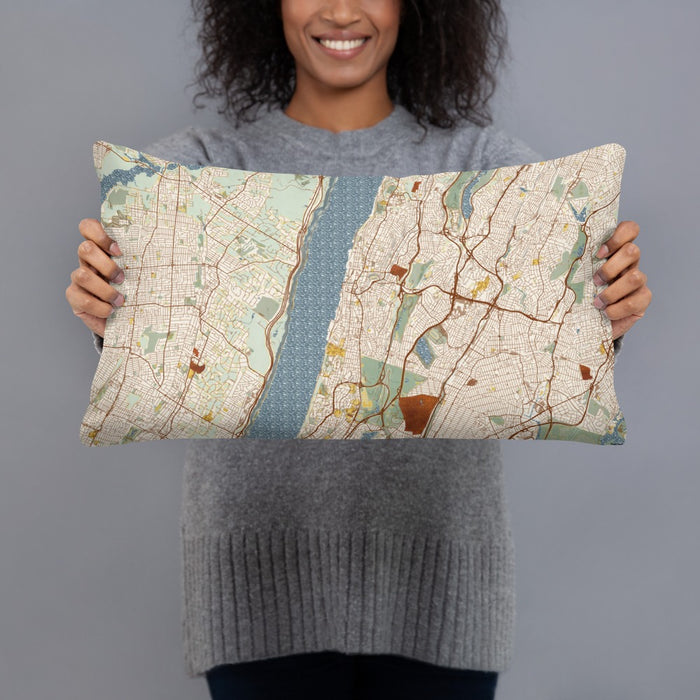 Person holding 20x12 Custom Yonkers New York Map Throw Pillow in Woodblock