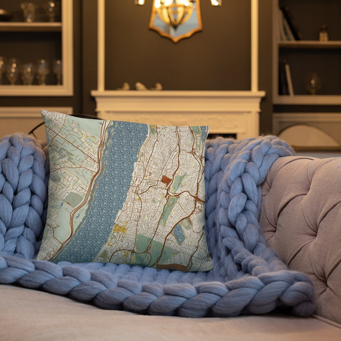 Custom Yonkers New York Map Throw Pillow in Woodblock on Cream Colored Couch