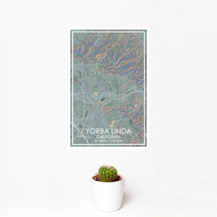 12x18 Yorba Linda California Map Print Portrait Orientation in Afternoon Style With Small Cactus Plant in White Planter