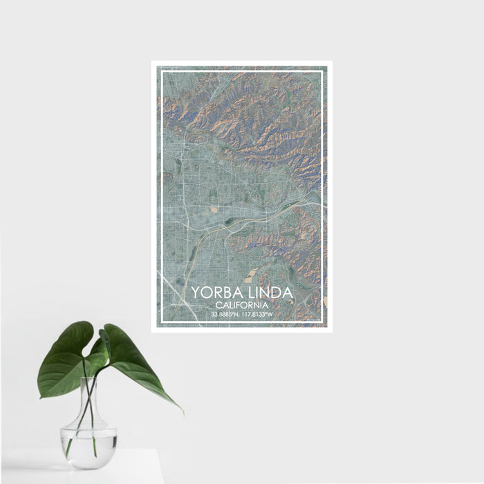 16x24 Yorba Linda California Map Print Portrait Orientation in Afternoon Style With Tropical Plant Leaves in Water